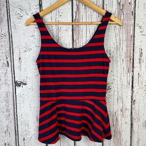 Express Size Small Red &‎ Navy Blue Striped Peplum Hem Top Zip Back Tank Stretch